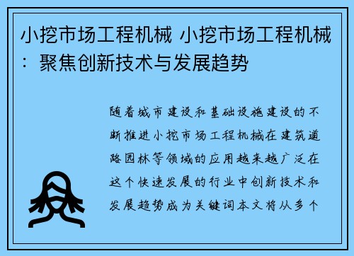 小挖市场工程机械 小挖市场工程机械：聚焦创新技术与发展趋势